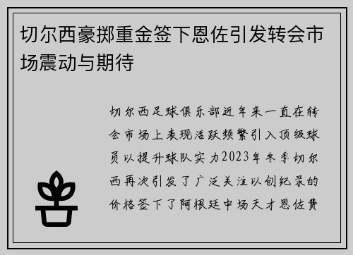 切尔西豪掷重金签下恩佐引发转会市场震动与期待
